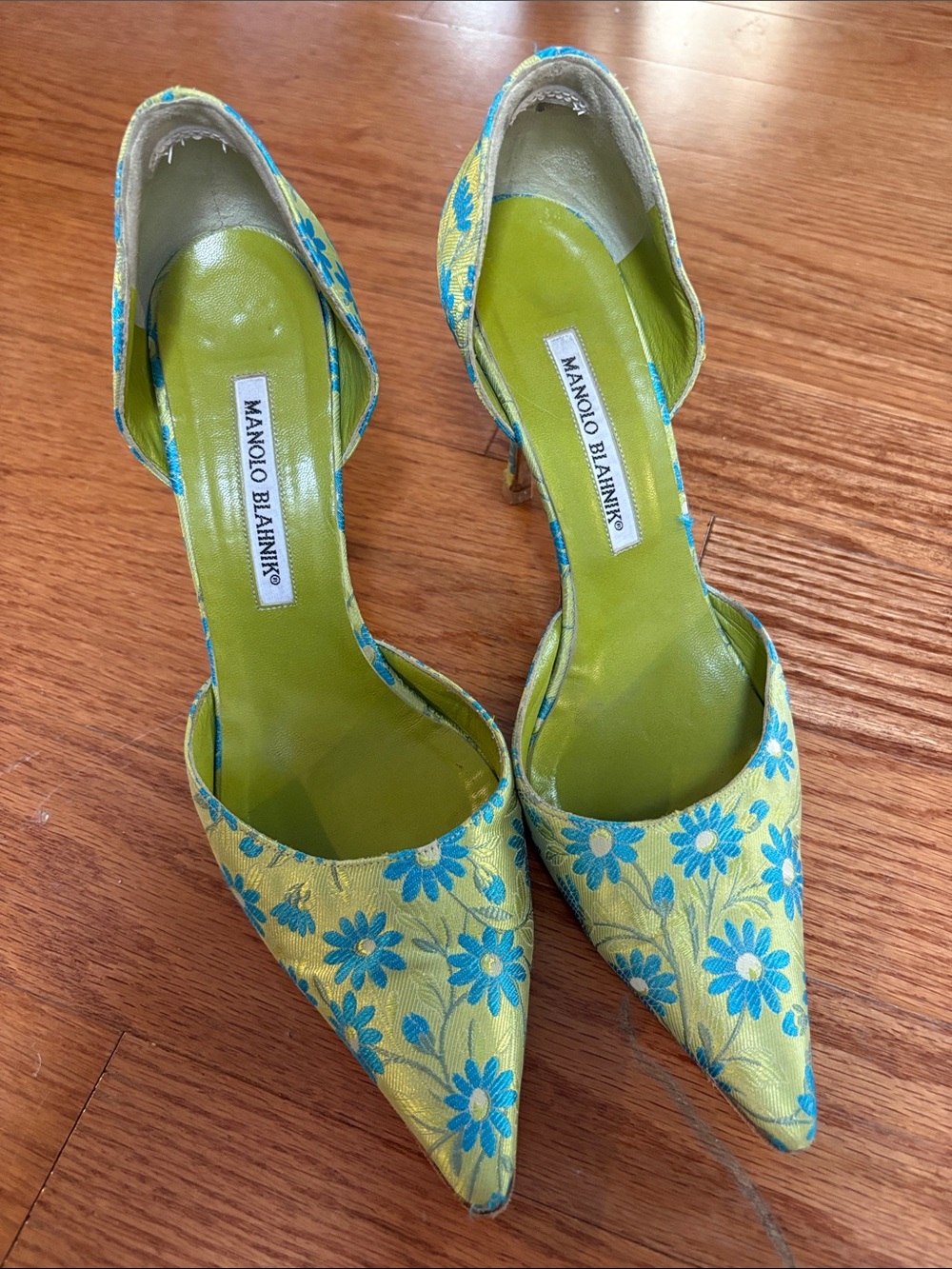 Manolo Blahnik Green and Blue Floral Pointed-Toe D'Orsay Pumps